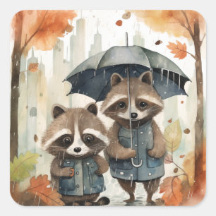 Cute Raccoons in the Rain Square Sticker