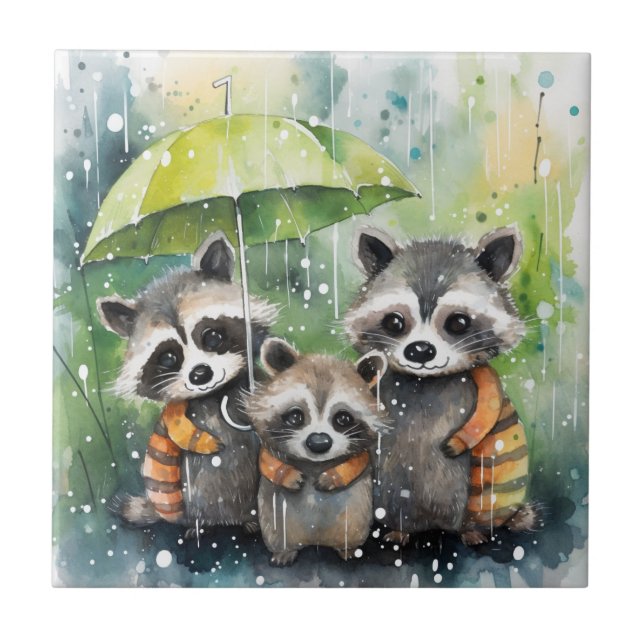 Cute Raccoons in the Rain Tile (Front)