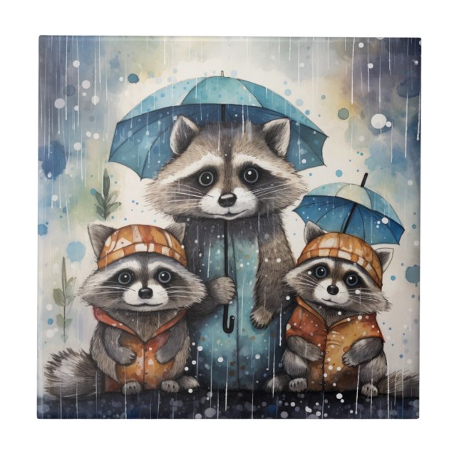 Cute Raccoons in the Rain Tile (Front)