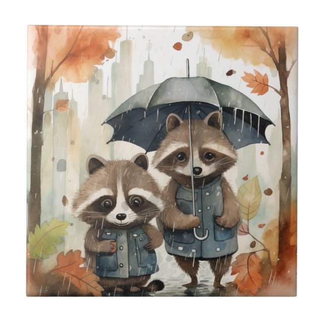 Cute Raccoons in the Rain Tile (Front)