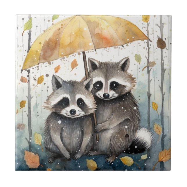 Cute Raccoons in the Rain Tile (Front)