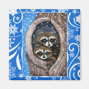Cute raccoons, snow, Christmas winter nature Magnet