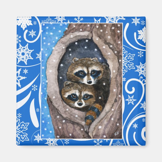 Cute raccoons, snow, Christmas winter nature Magnet (Front)