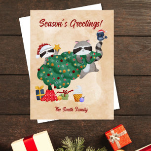 Cute Raccoons Watercolor Christmas Holiday Postcard