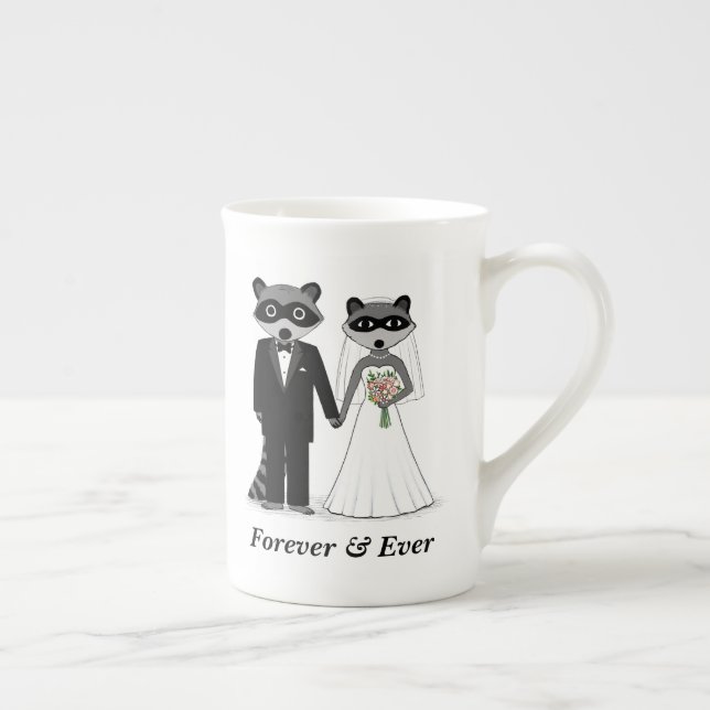 Cute Raccoons Wedding Bride and Groom Custom Bone China Mug (Right)