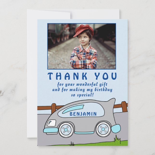 Cute Race Car Blue Birthday Thank you Photo (Front)