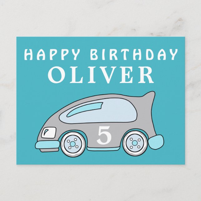 Cute Race Car Blue Happy Birthday Boy Name Postcard (Front)