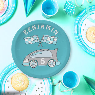 Cute Race Car Blue Name Age Boy Birthday Party Paper Plate