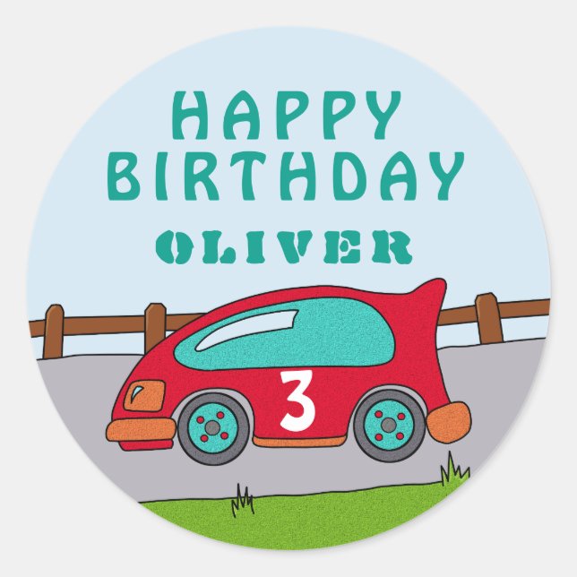 Cute Race Car Red Boy Name Age Happy Birthday Classic Round Sticker (Front)