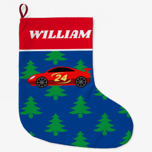 Cute race car with Christmas tree kid's stocking