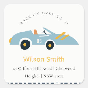 Cute Race On Over To Blue Racing Car Kids Address Square Sticker