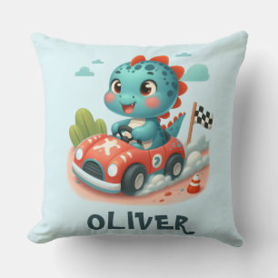Cute Racer Dino Driving a Fast Car Cushion