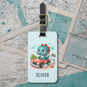 Cute Racer Dino Driving a Fast Car Luggage Tag
