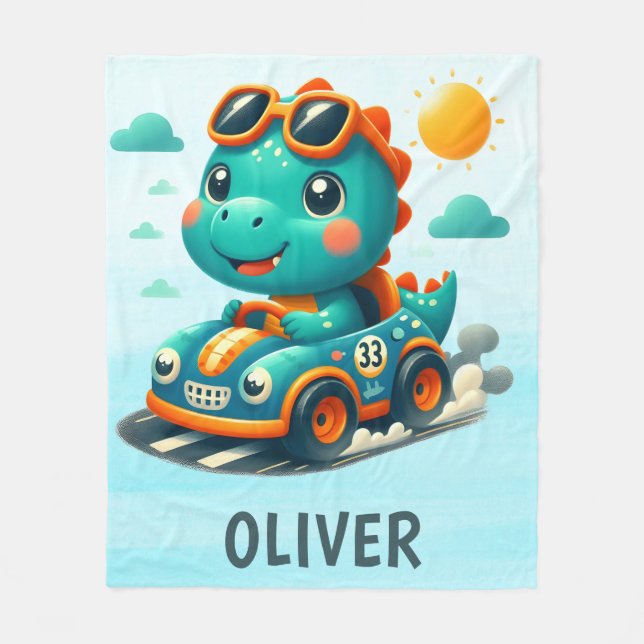 Cute Racing Dinosaur in a Car Fleece Blanket (Front)