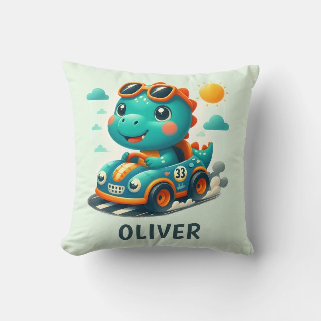 Cute Racing Dinosaur in a Car Light Green Cushion (Front)