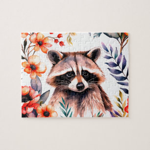 Cute racoon among flowers jigsaw puzzle