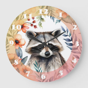 Cute racoon among flowers large clock