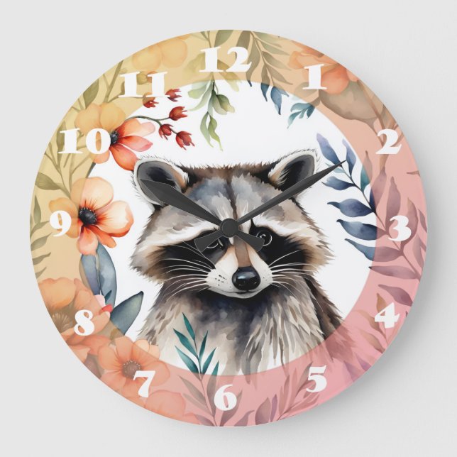 Cute racoon among flowers large clock (Front)