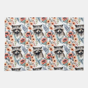 Cute racoon among flowers  pattern  tea towel