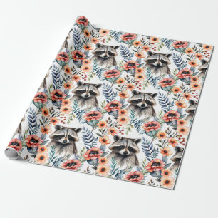 Cute racoon among flowers wrapping paper