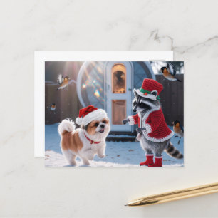 Cute Racoon and a Cute Dog Festive Christmas Postcard