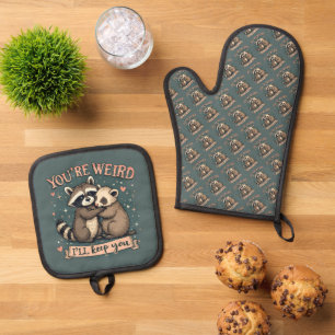 Cute Racoon and Ferret Hug with Funny Quote Oven Mitt & Pot Holder Set