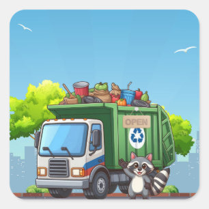 Cute racoon and "food" truck square sticker