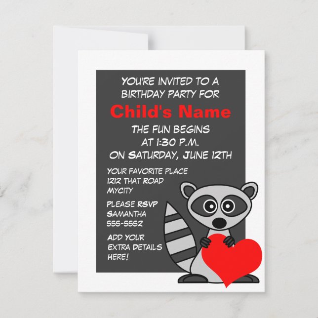 Cute Racoon and Heart Birthday Invitation (Front)