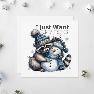 Cute racoon and snowman. holiday card