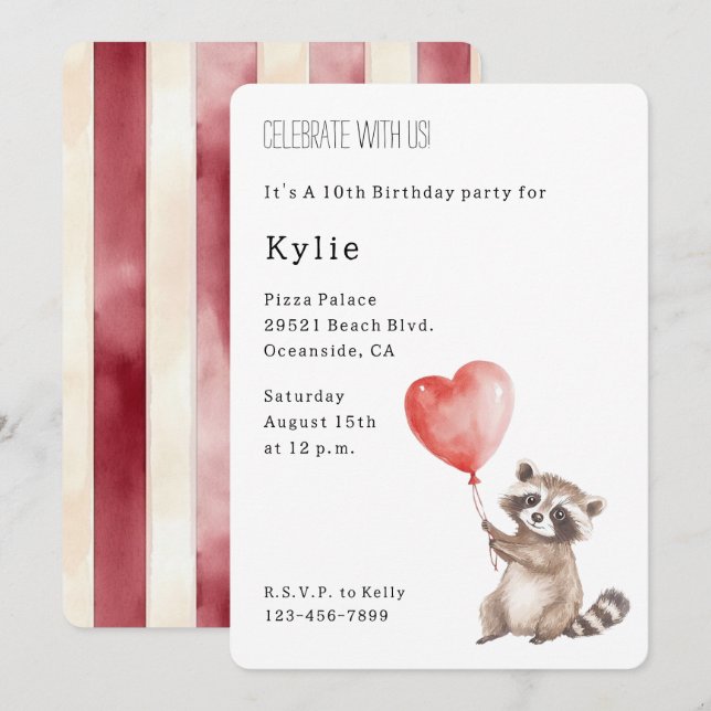 Cute Racoon Animal Heart Balloon Birthday   Invitation (Front/Back)