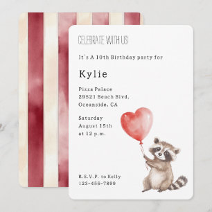 Cute Racoon Animal Heart Balloon Birthday   Invitation
