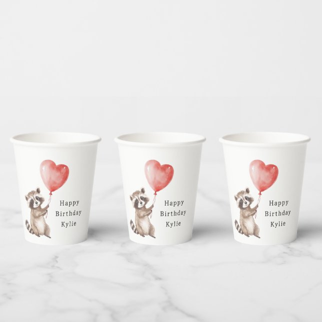 Cute Racoon Animal Heart Balloon Birthday Paper Cups (Multi)