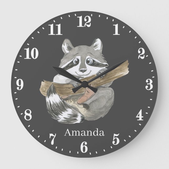 cute racoon animal lovers add name large clock (Front)