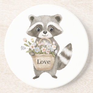 Cute Racoon Basket Flowers Coaster