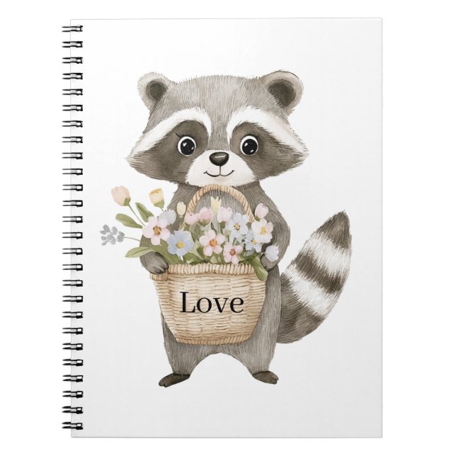 Cute Racoon Basket Flowers Notebook (Front)