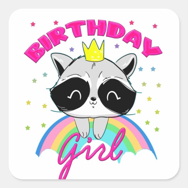 Cute Racoon Birthday Girl Party Theme  Square Sticker (Front)