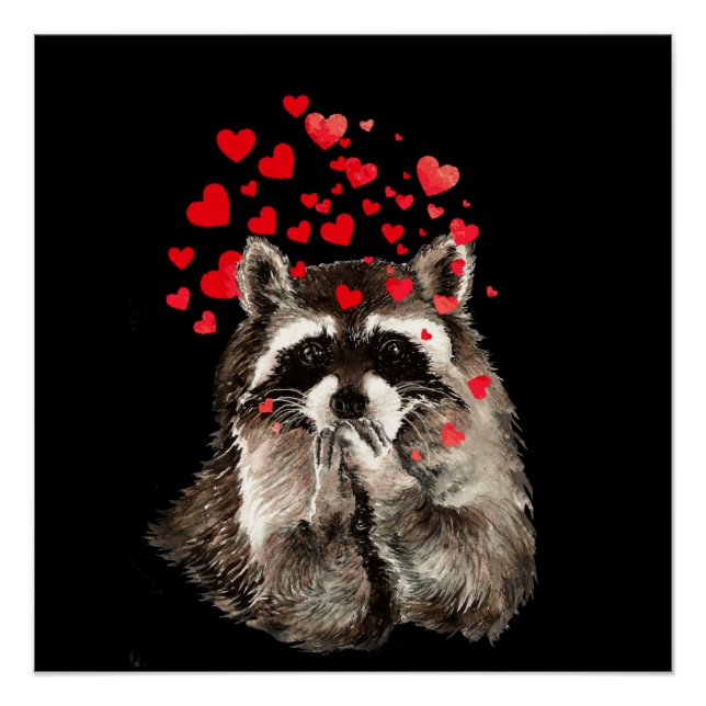 Cute Racoon Blowing Kisses Funny Love Hearts Poster (Front)