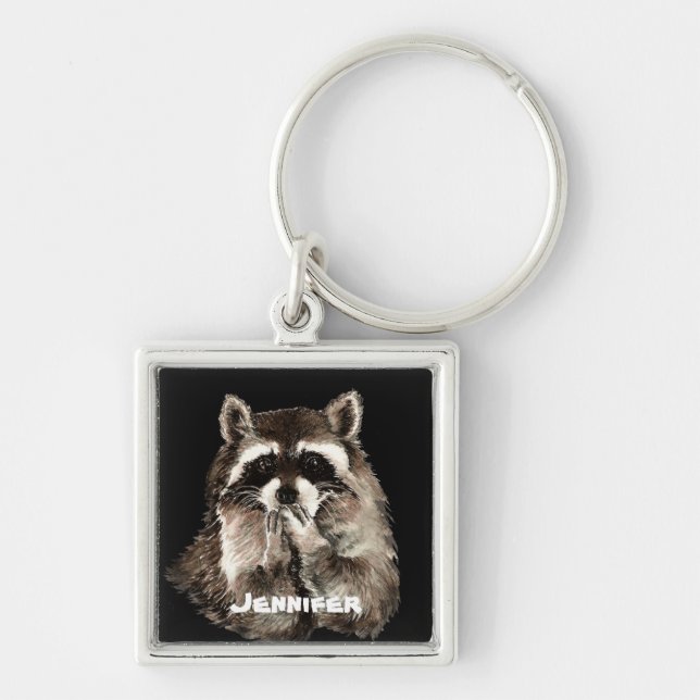 Cute Racoon Blowing Kisses Humour Custom Name Key Ring (Front)