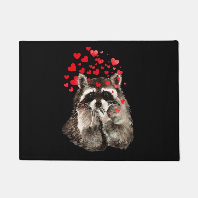 Cute Racoon Blowing Kisses Love Hearts Welcome Doormat (Front)