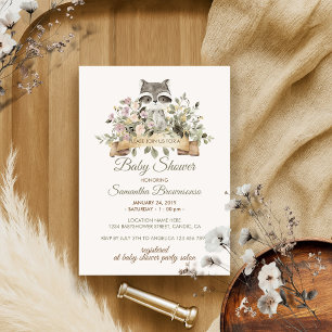 Cute Racoon Botanical Ribbon Baby Shower Invitation