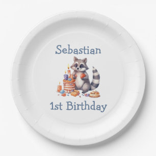 Cute Racoon Boy 1st Birthday Party Custom Paper Plate