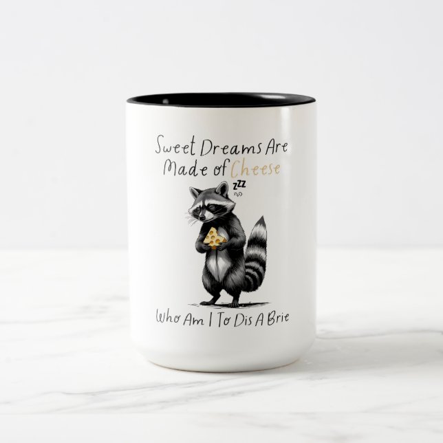 Cute Racoon Brie Pun Sweet Cheese Food Saying Two-Tone Coffee Mug (Center)