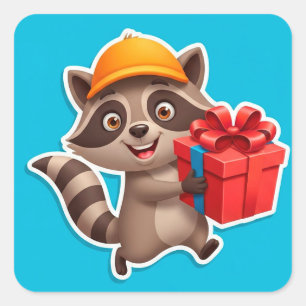 Cute Racoon Cartoon Holding Gift Box Square Sticker