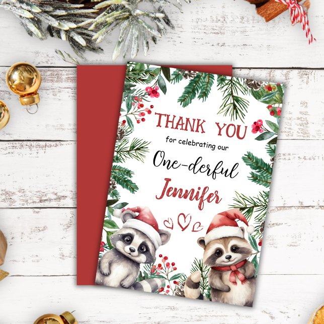 Cute Racoon Christmas 1° Birthday Thank You Card (Creator Uploaded)
