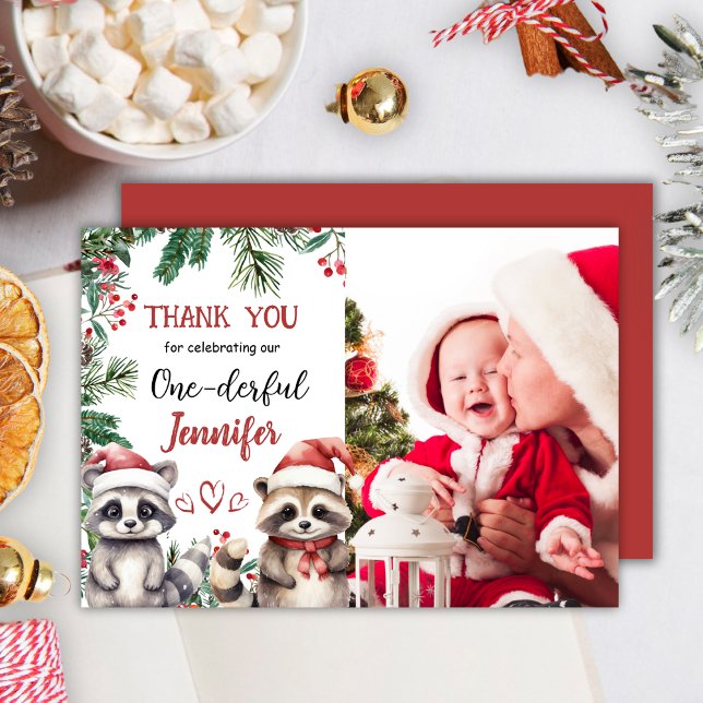 Cute Racoon Christmas 1st Birthday Thank You Card (Creator Uploaded)