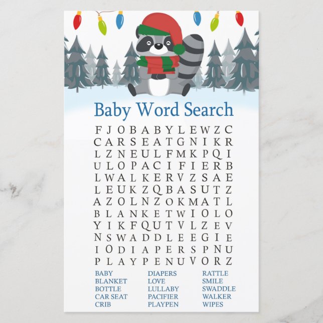 Cute Racoon Christmas Baby Shower Word Search (Front)