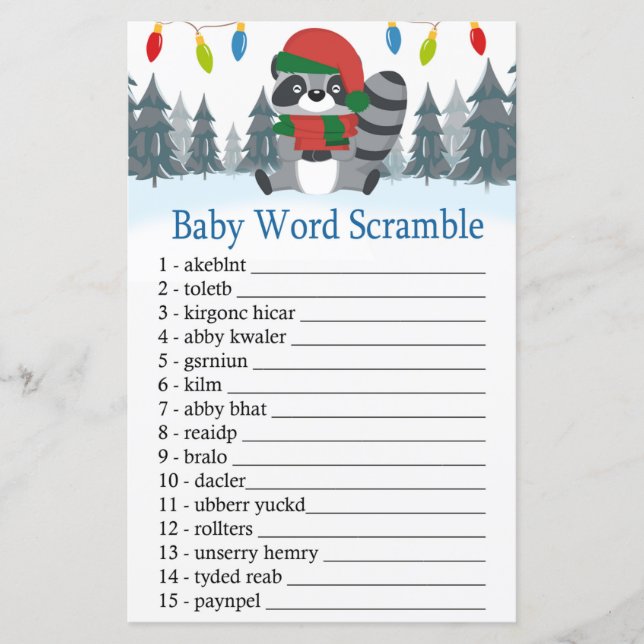 Cute Racoon Christmas Baby word scramble game (Front)