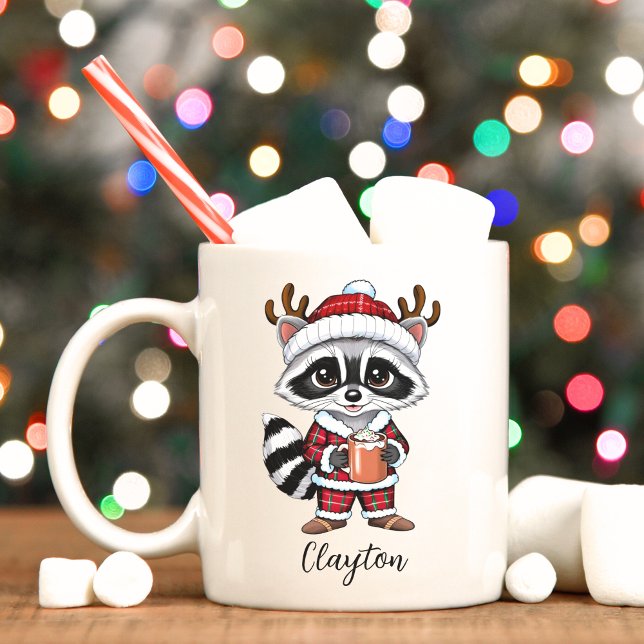 Cute Racoon Christmas Holiday Mug (Reindeer raccoon personalized Christmas mug)