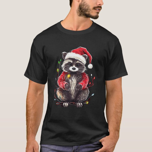 Cute Racoon Christmas Lights Santa Hat Xmas Pajam T-Shirt (Front)
