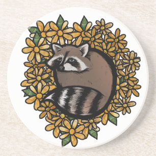 Cute Racoon Daisy Flower Art raccoo Coaster